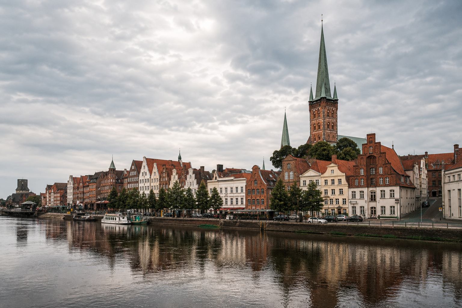 Historische deutsche Stadt am Fluss mit Ziegelarchitektur